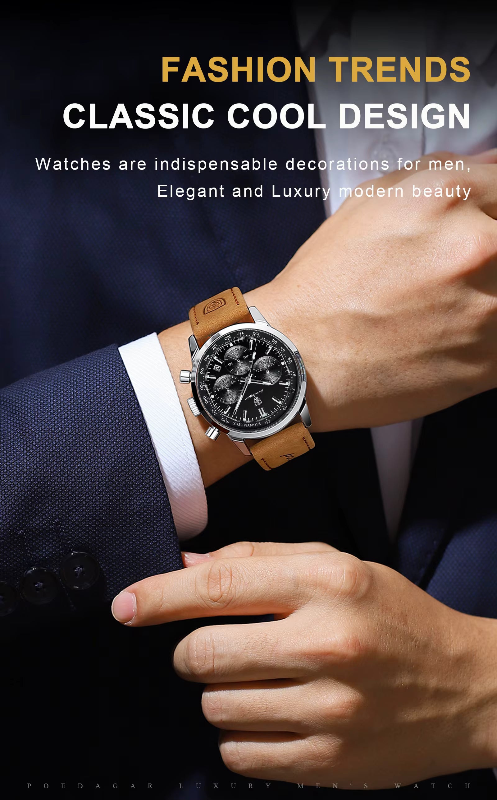 POEDAGAR Men’s Chronograph Watch 921 – Waterproof Luminous Quartz Wristwatch with Leather Strap