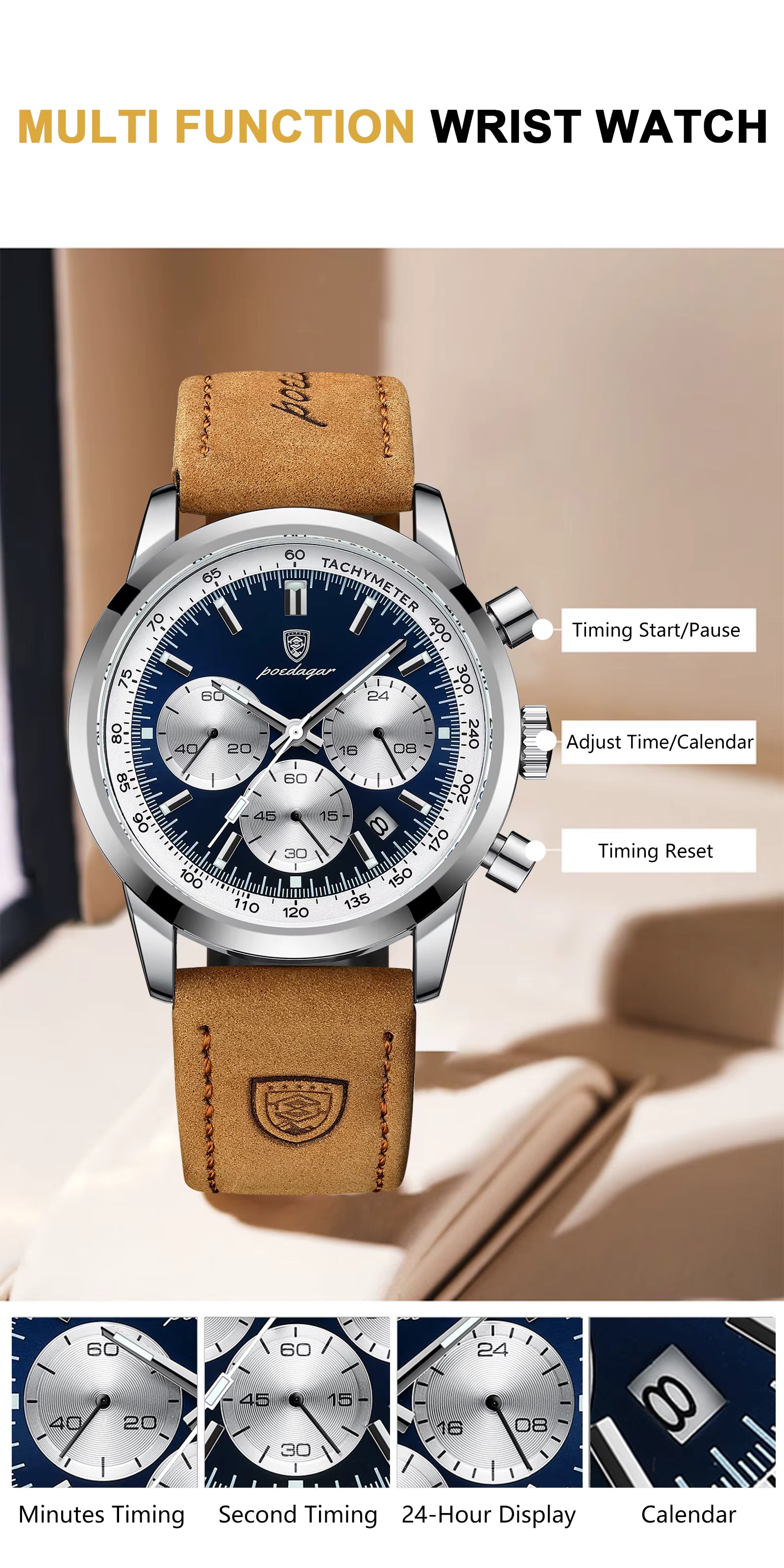 POEDAGAR Men’s Chronograph Watch 921 – Waterproof Luminous Quartz Wristwatch with Leather Strap