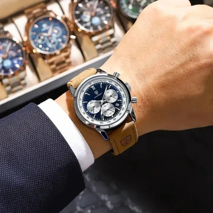 POEDAGAR Men’s Chronograph Watch 921 – Waterproof Luminous Quartz Wristwatch with Leather Strap