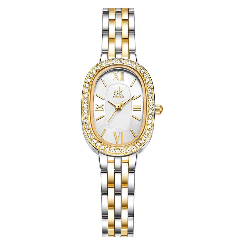 Shengke Elegant Oval Crystal Women Watch – Roman Numerals Jewelry Band Slim Quartz Wristwatch Ellaine