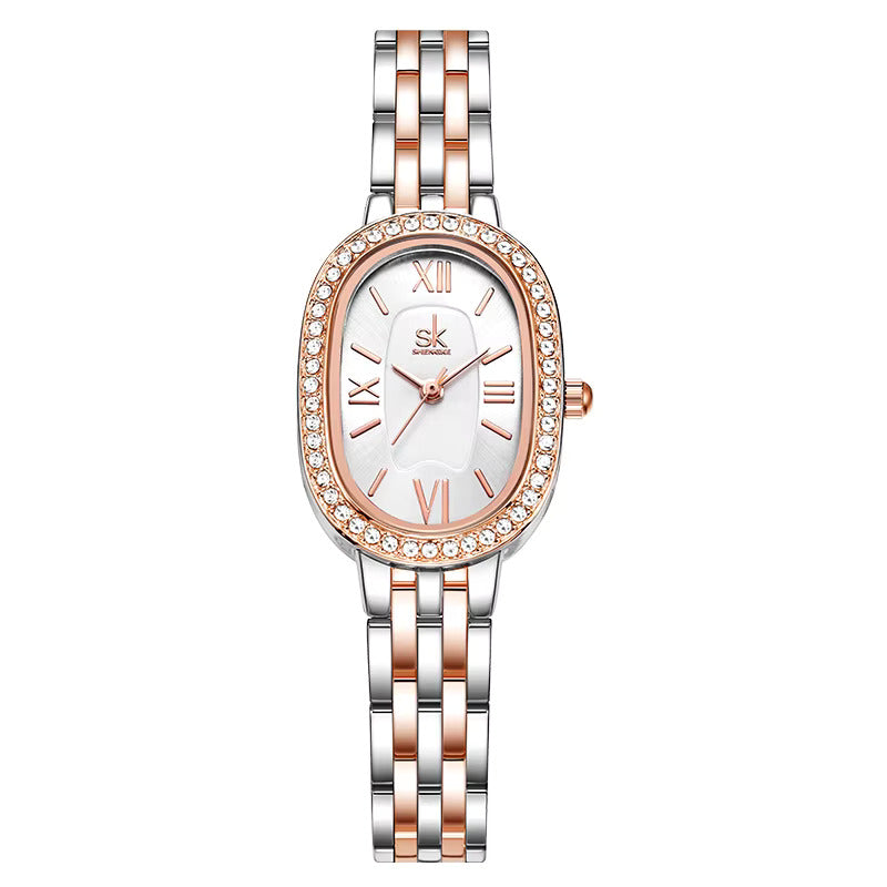 Shengke Elegant Oval Crystal Women Watch – Roman Numerals Jewelry Band Slim Quartz Wristwatch Ellaine