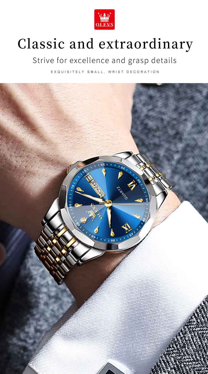 OLEVS 9998 Men’s Quartz Watch – Original Movement, Luminous Dial, Dual Calendar, Stainless Steel Strap, Water Resistant