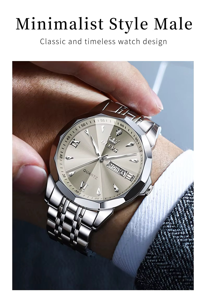 OLEVS 9998 Men’s Quartz Watch – Original Movement, Luminous Dial, Dual Calendar, Stainless Steel Strap, Water Resistant