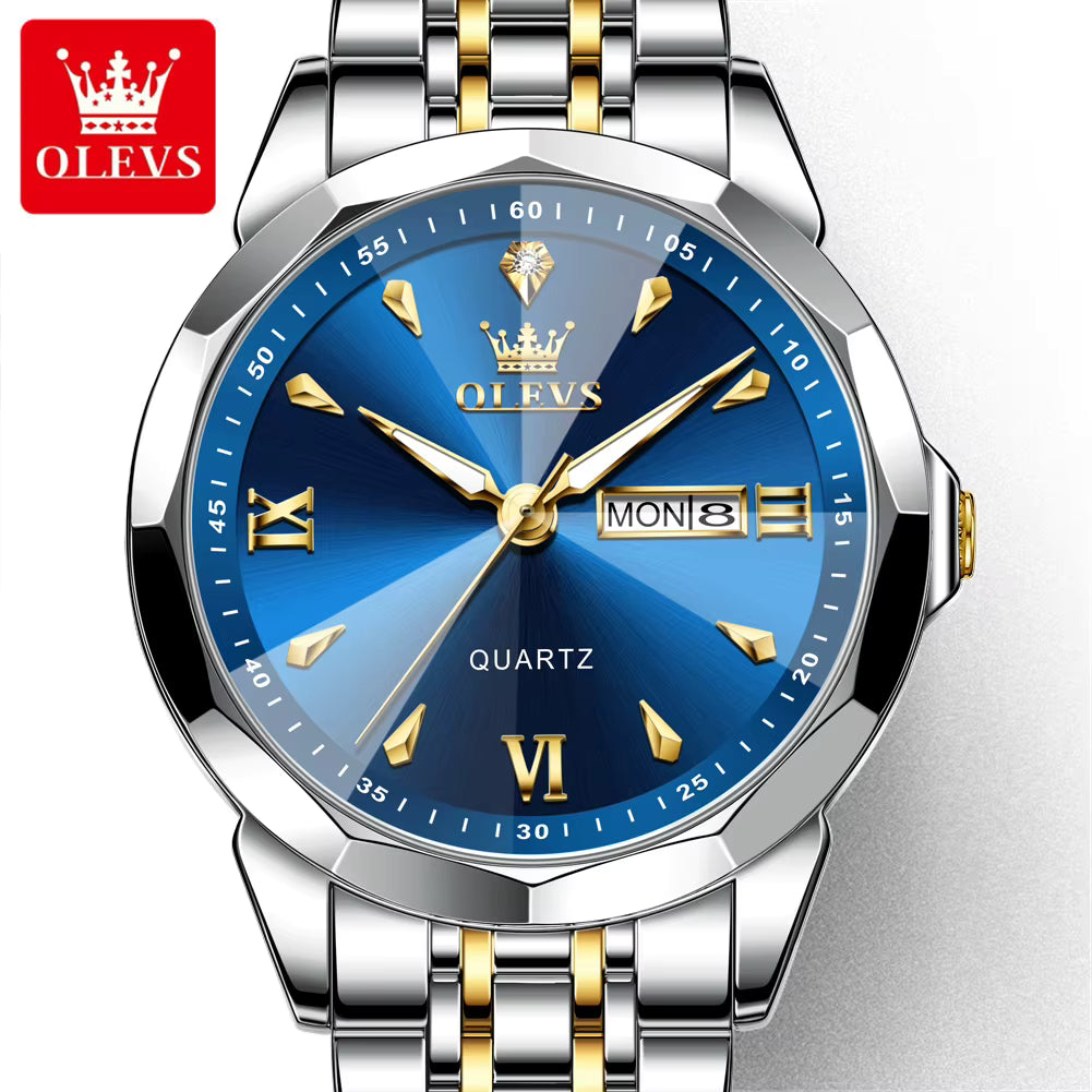 OLEVS 9998 Men’s Quartz Watch – Original Movement, Luminous Dial, Dual Calendar, Stainless Steel Strap, Water Resistant