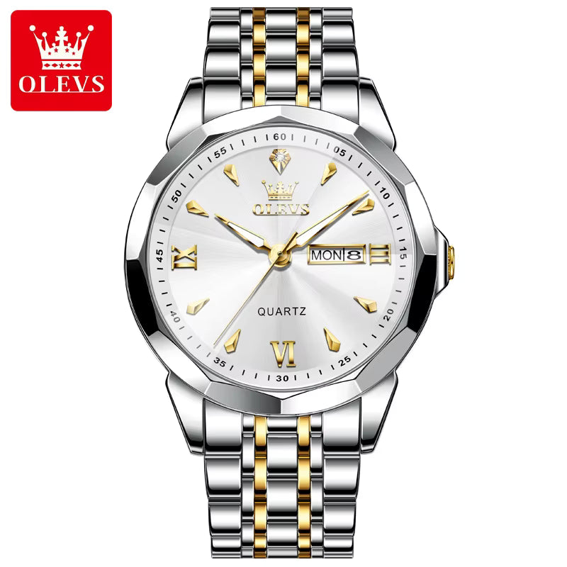 OLEVS 9998 Men’s Quartz Watch – Original Movement, Luminous Dial, Dual Calendar, Stainless Steel Strap, Water Resistant