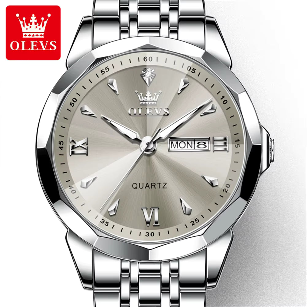 OLEVS 9998 Men’s Quartz Watch – Original Movement, Luminous Dial, Dual Calendar, Stainless Steel Strap, Water Resistant