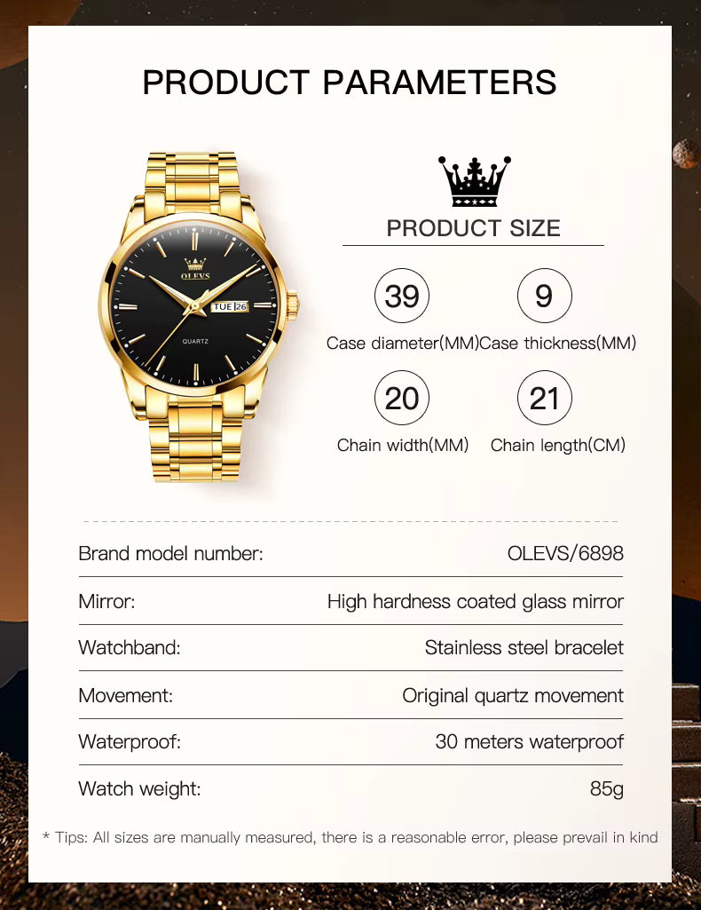 OLEVS 6898 Men’s Quartz Watch – Stainless Steel Waterproof Wristwatch with Luminous Dial & Date Display