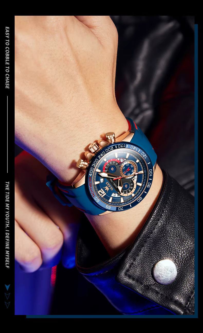 OLEVS 9936 Blue Men’s Sport Watch – Quartz, Silicone Strap, Luminous, Waterproof, Date Calendar