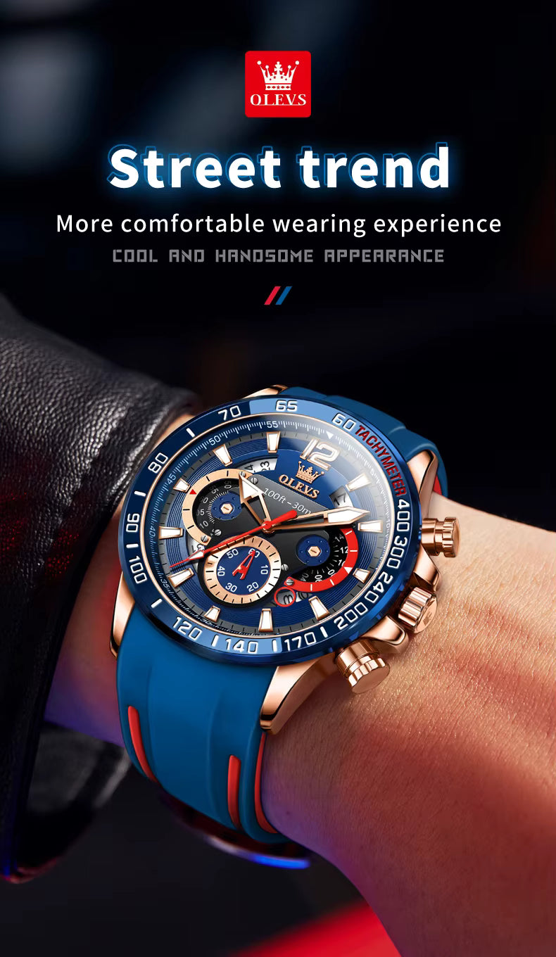 OLEVS 9936 Blue Men’s Sport Watch – Quartz, Silicone Strap, Luminous, Waterproof, Date Calendar