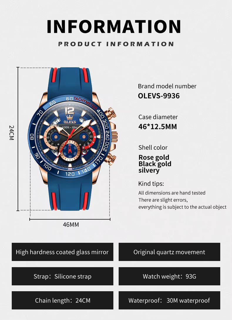 OLEVS 9936 Blue Men’s Sport Watch – Quartz, Silicone Strap, Luminous, Waterproof, Date Calendar