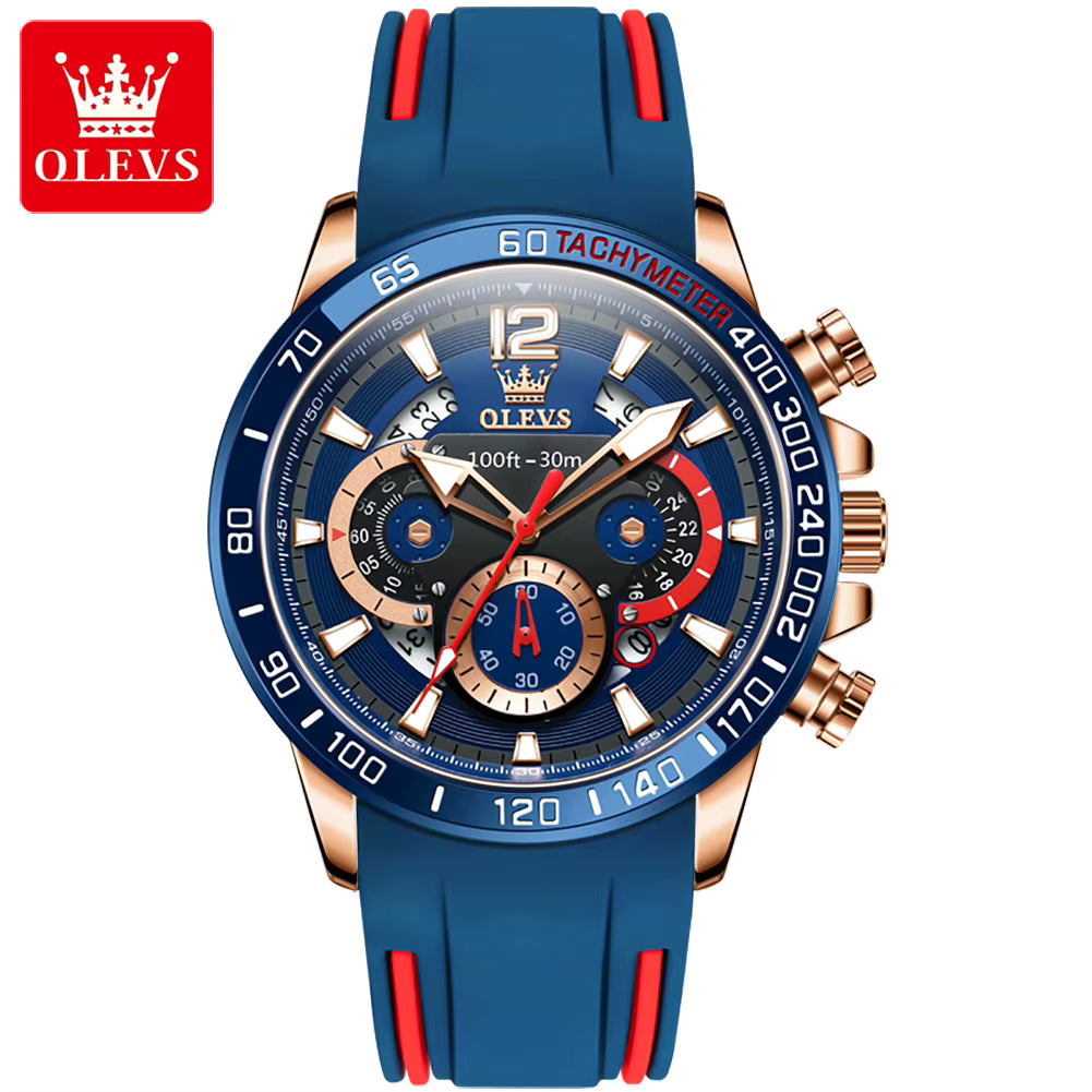 OLEVS 9936 Blue Men’s Sport Watch – Quartz, Silicone Strap, Luminous, Waterproof, Date Calendar