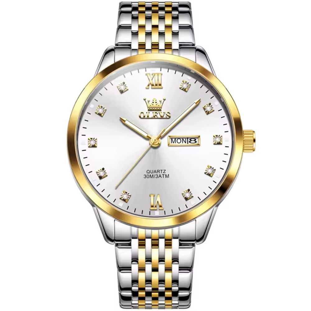 OLEVS 2943 Fashion Quartz Watch – Stainless Steel Round Dial Wristwatch with Week & Calendar Display