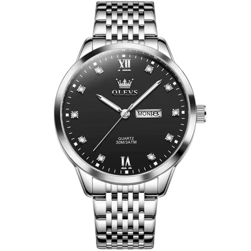OLEVS 2943 Fashion Quartz Watch – Stainless Steel Round Dial Wristwatch with Week & Calendar Display
