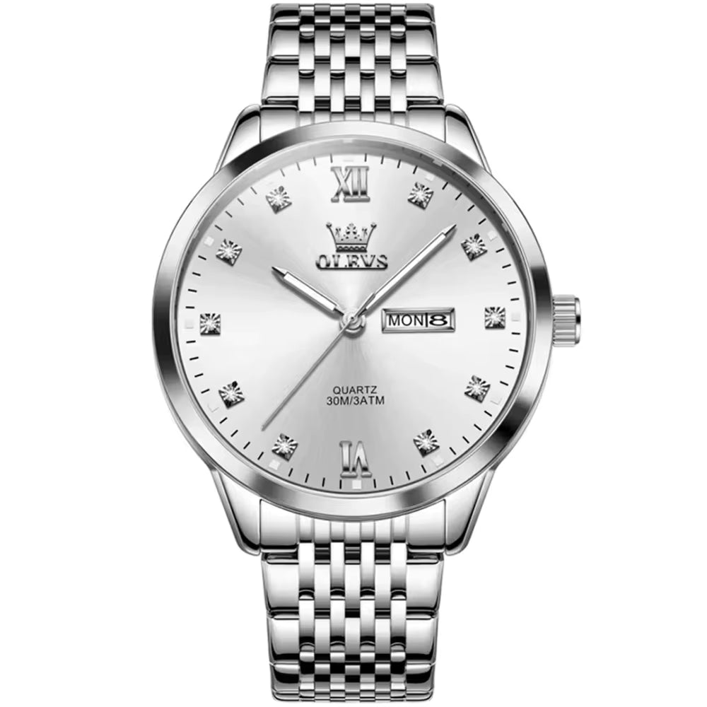 OLEVS 2943 Fashion Quartz Watch – Stainless Steel Round Dial Wristwatch with Week & Calendar Display