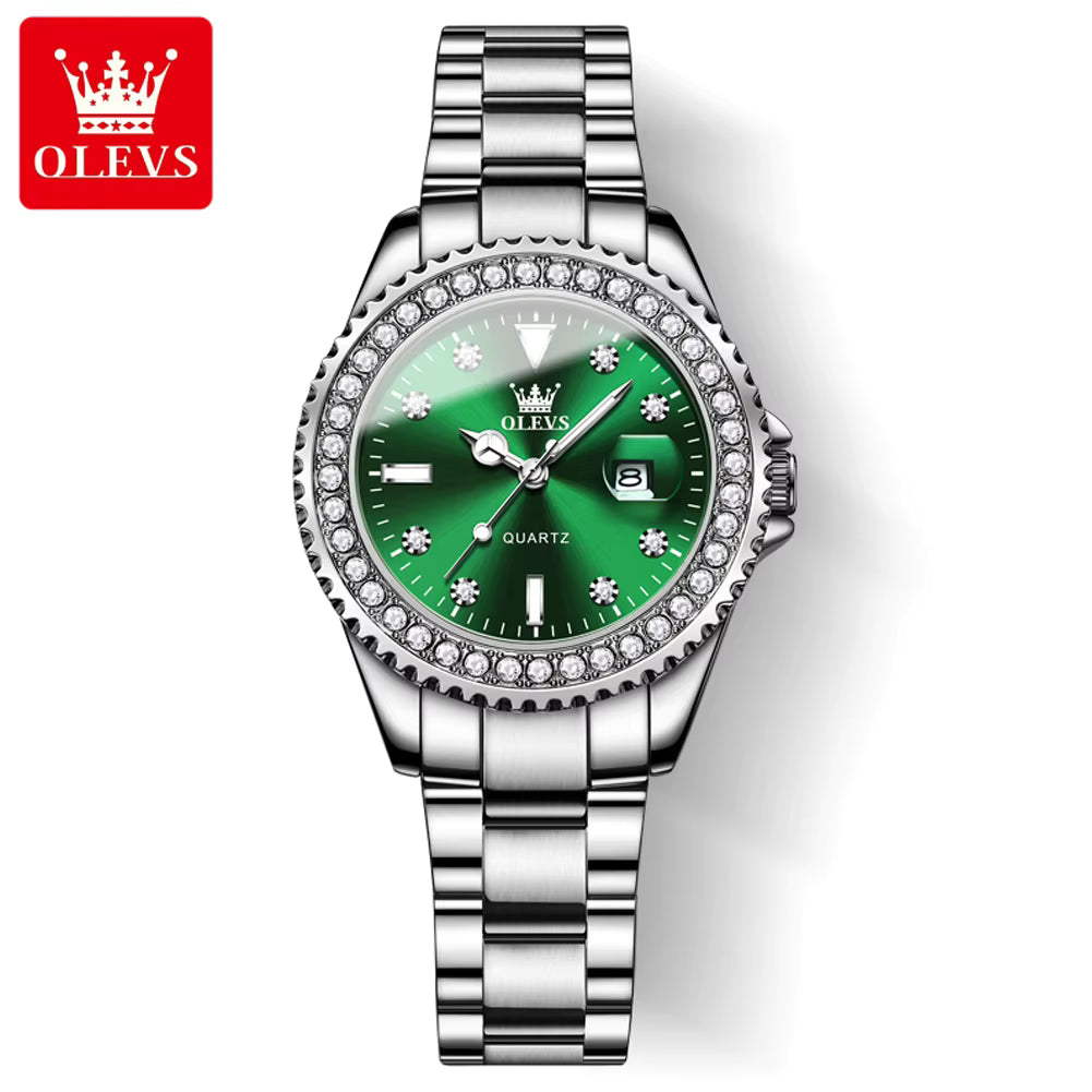 OLEVS 9945 Green Women’s Watch – Waterproof Stainless Steel Automatic Quartz Wristwatch