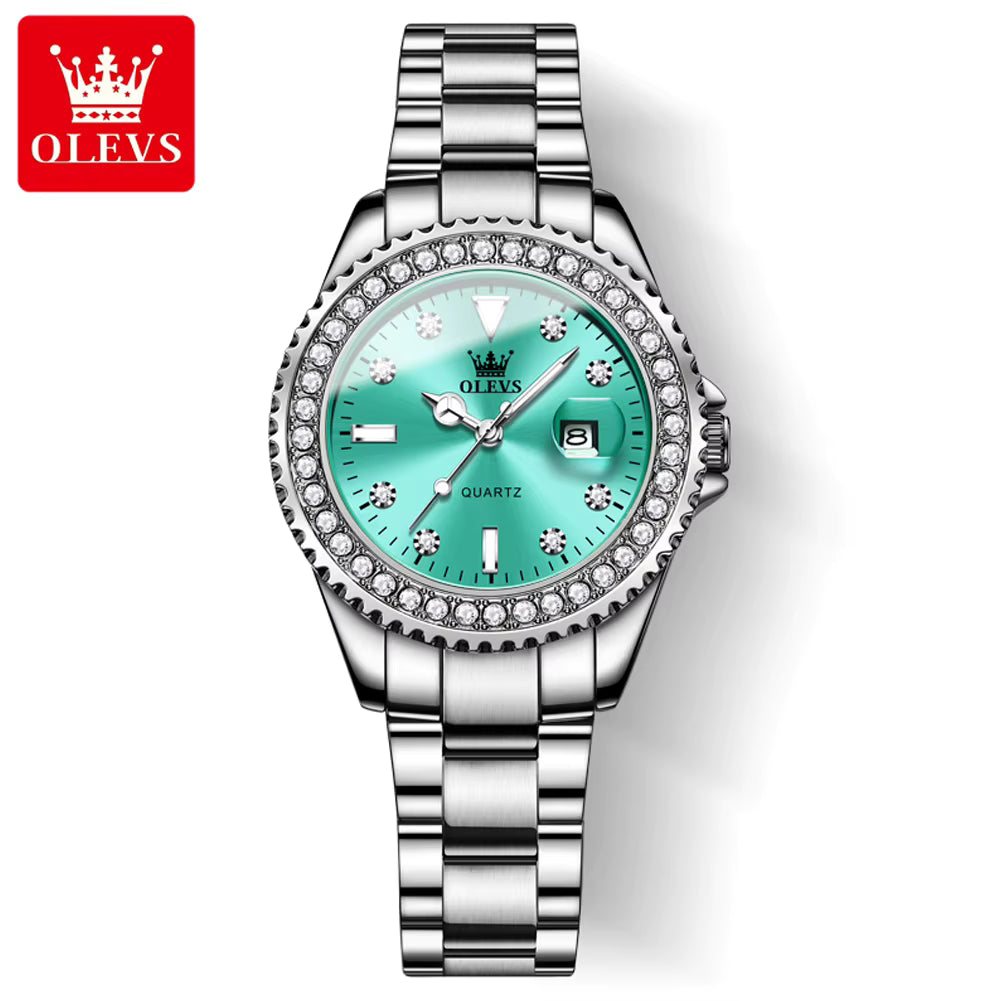 OLEVS 9945 Green Women’s Watch – Waterproof Stainless Steel Automatic Quartz Wristwatch
