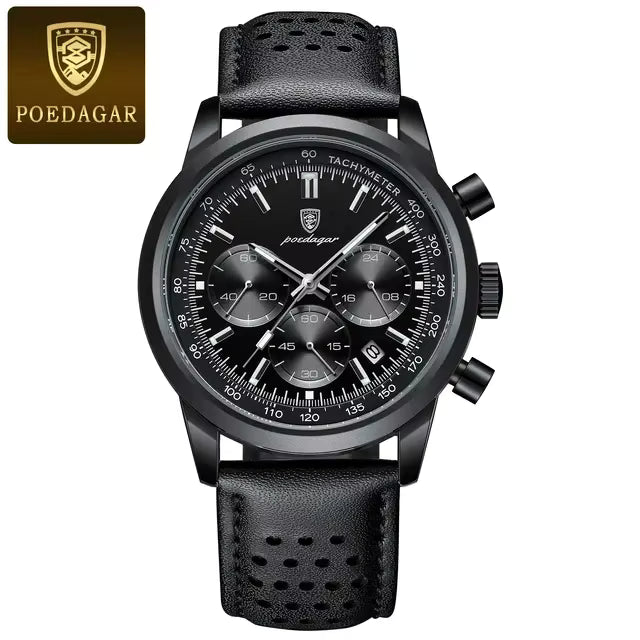 POEDAGAR Men’s Chronograph Watch 921 – Waterproof Luminous Quartz Wristwatch with Leather Strap