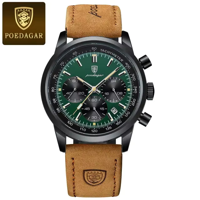 POEDAGAR Men’s Chronograph Watch 921 – Waterproof Luminous Quartz Wristwatch with Leather Strap
