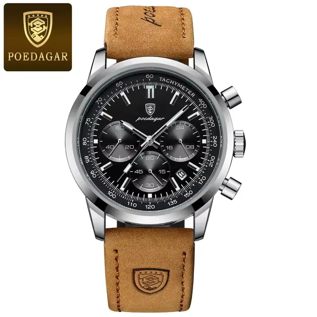 POEDAGAR Men’s Chronograph Watch 921 – Waterproof Luminous Quartz Wristwatch with Leather Strap