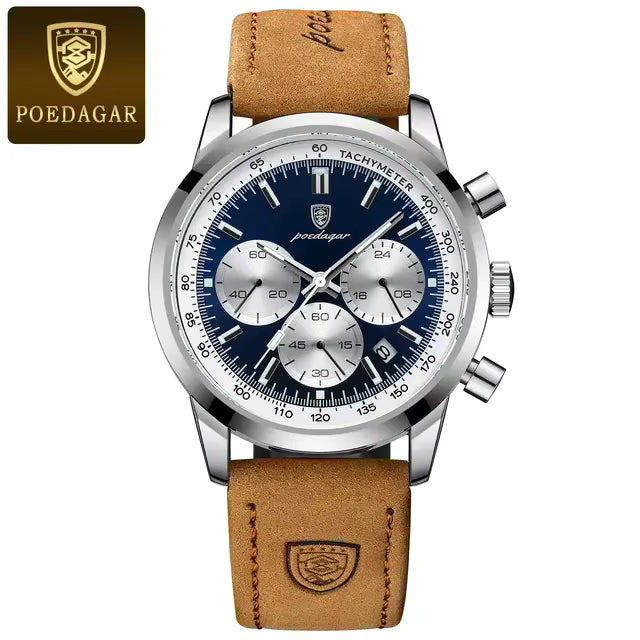 POEDAGAR Men’s Chronograph Watch 921 – Waterproof Luminous Quartz Wristwatch with Leather Strap