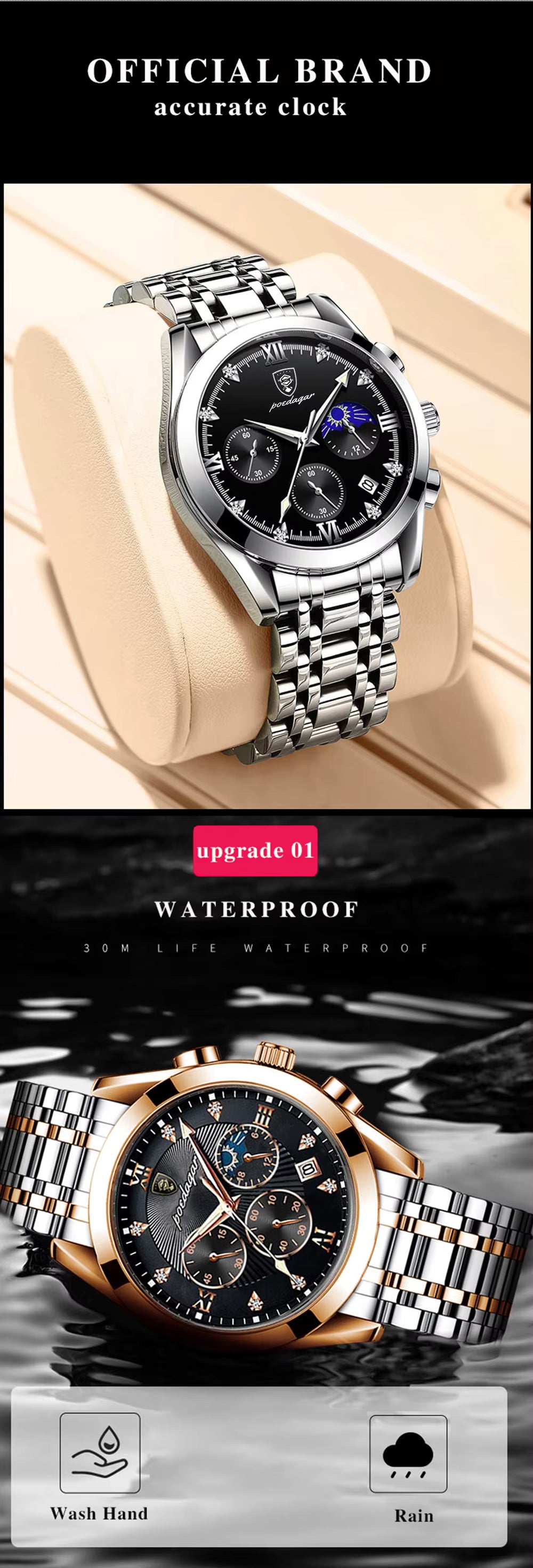 POEDAGAR 820 Men’s Quartz Watch – Waterproof Sport Watch with Genuine Leather Strap & Luminous Display