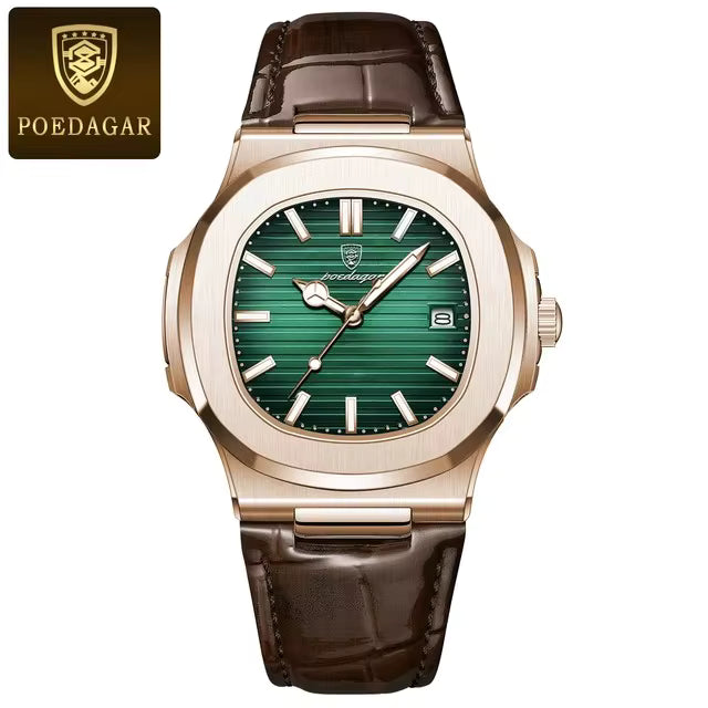 POEDAGAR 613 Men’s Quartz Watch – Green Dial, Stainless Steel Sports Wristwatch