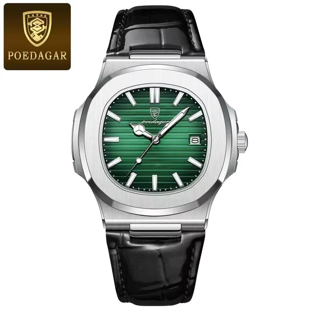 POEDAGAR 613 Men’s Quartz Watch – Green Dial, Stainless Steel Sports Wristwatch